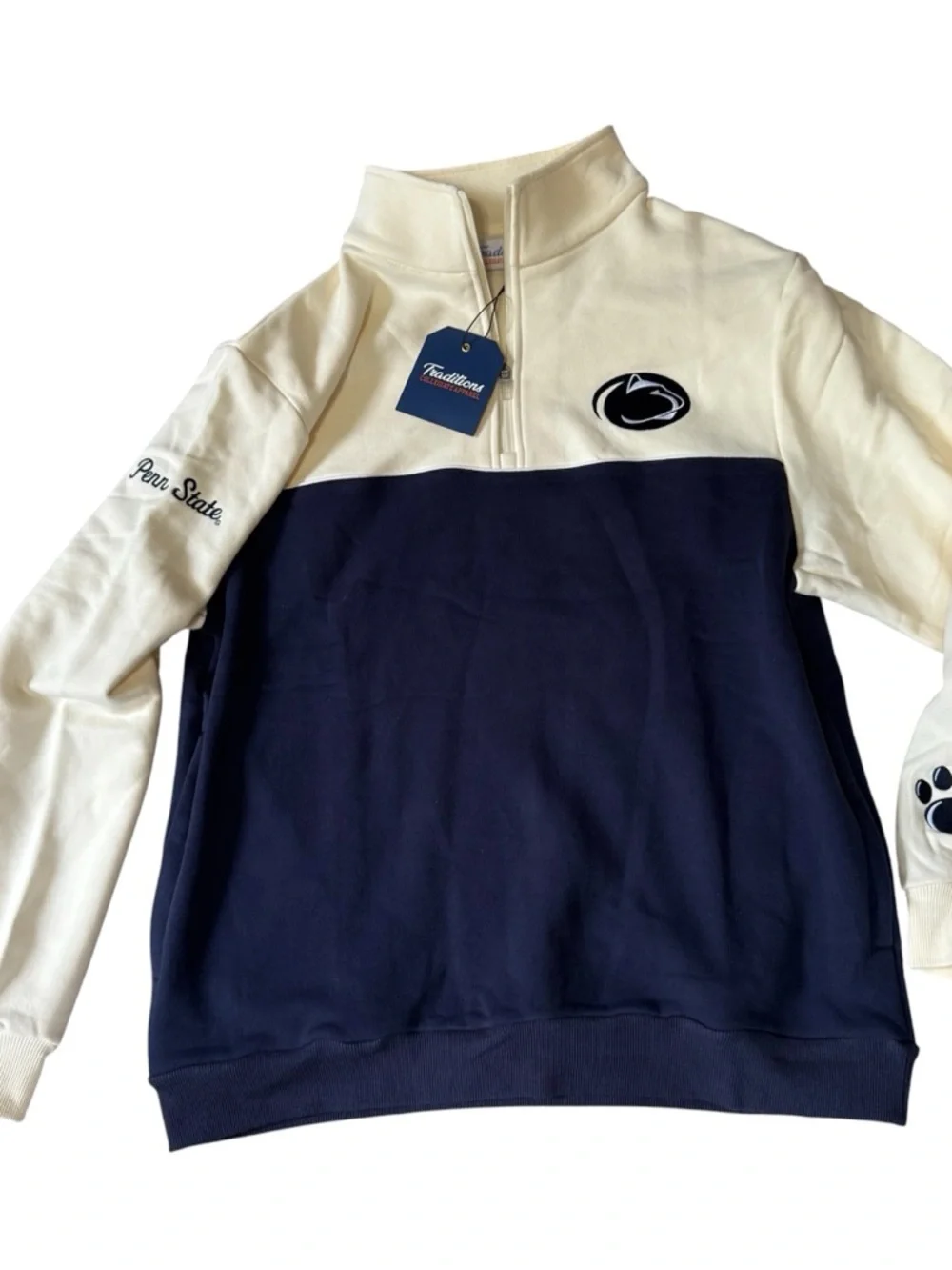 Penn State Nittany Lions Traditions Quarter Zip Pullover XL NWT Cream Navy